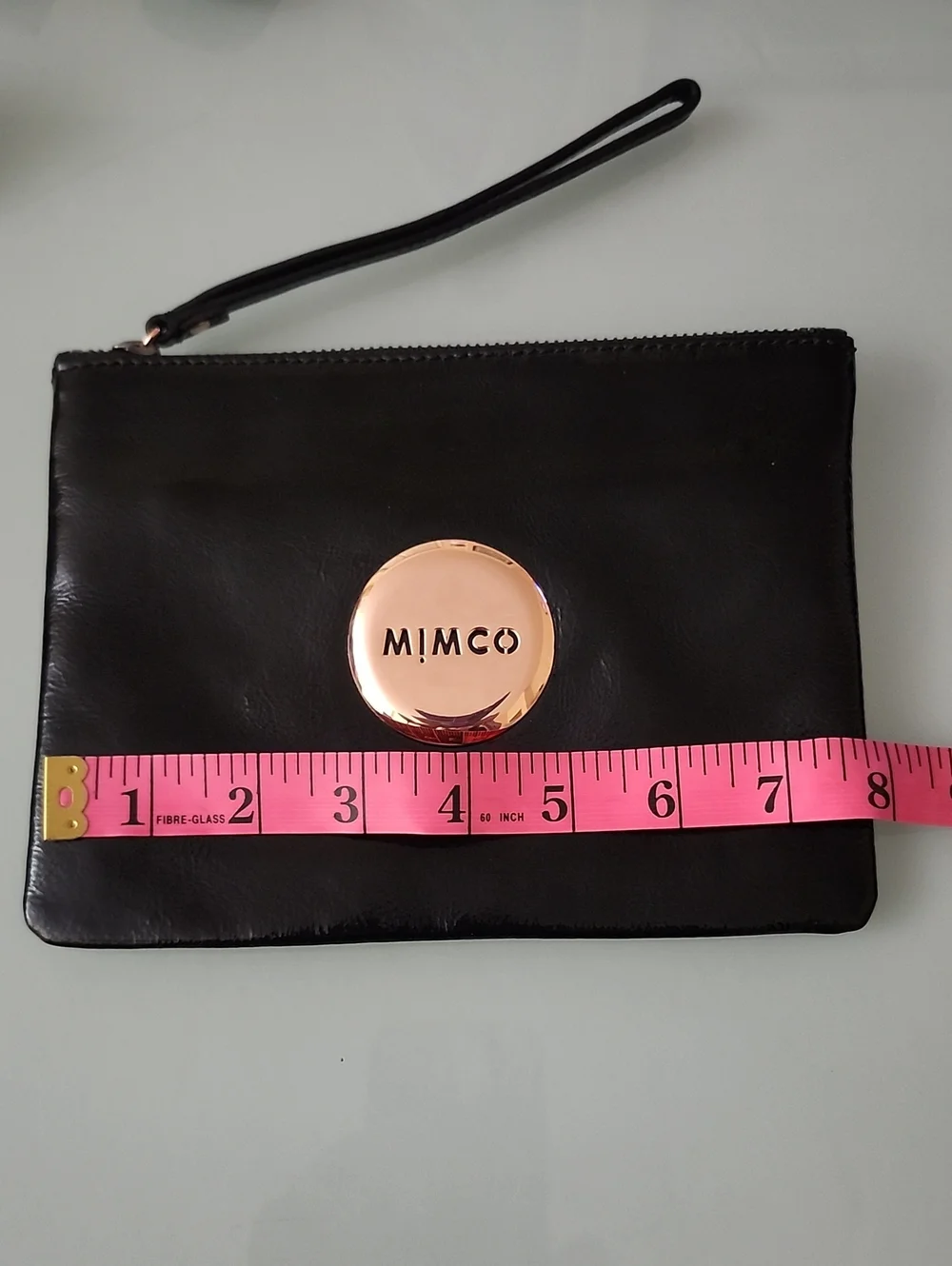 Mimco Black Patent Leather Wristlet with Rose Gold Logo Disc And Dustbag Lux New